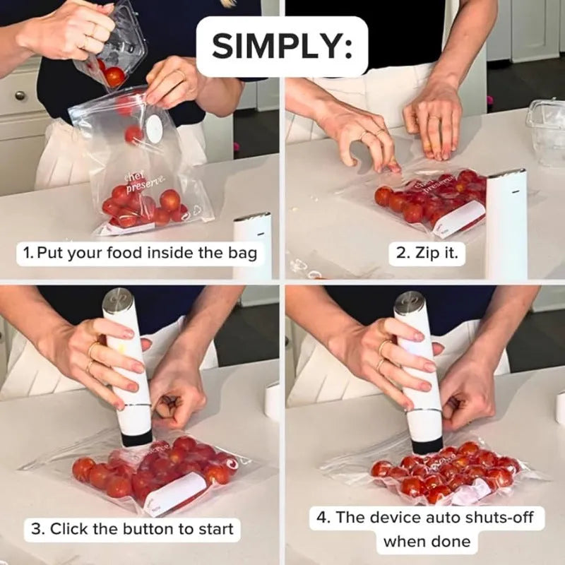 White USB electric vacuum sealer pump and five clear plastic 26x28cm storage bags.