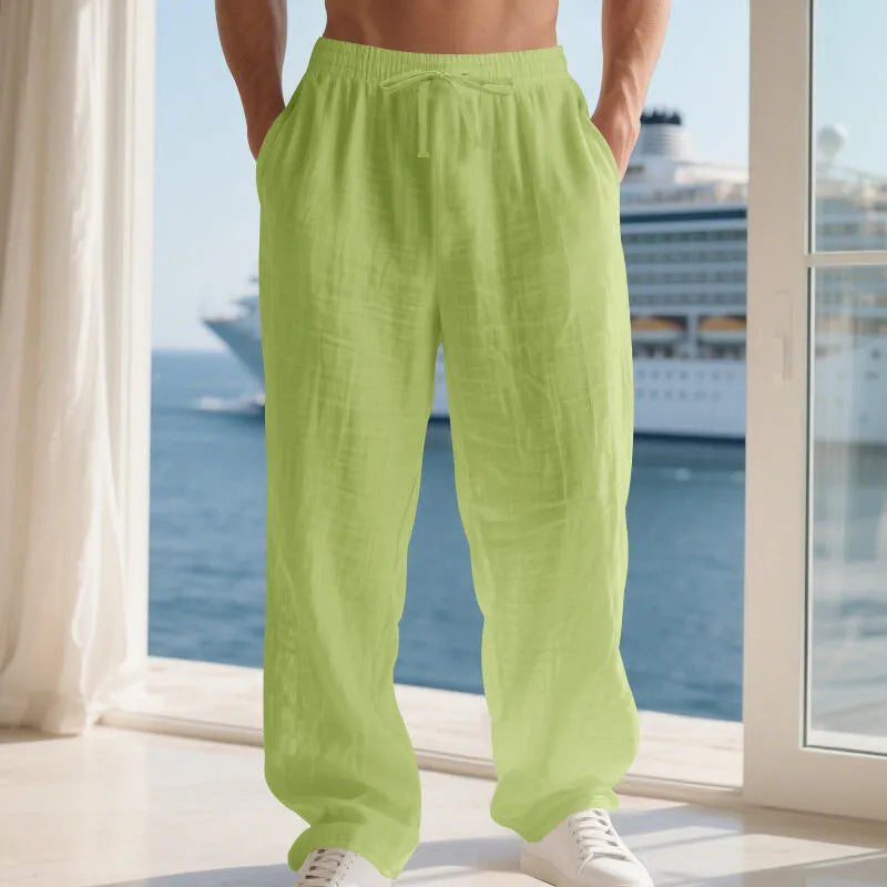 Men's linen solid colour loose wide leg drawstring trousers in orange, pink, fruit green, brown, denim blue, light gray, watermelon red, purplish red