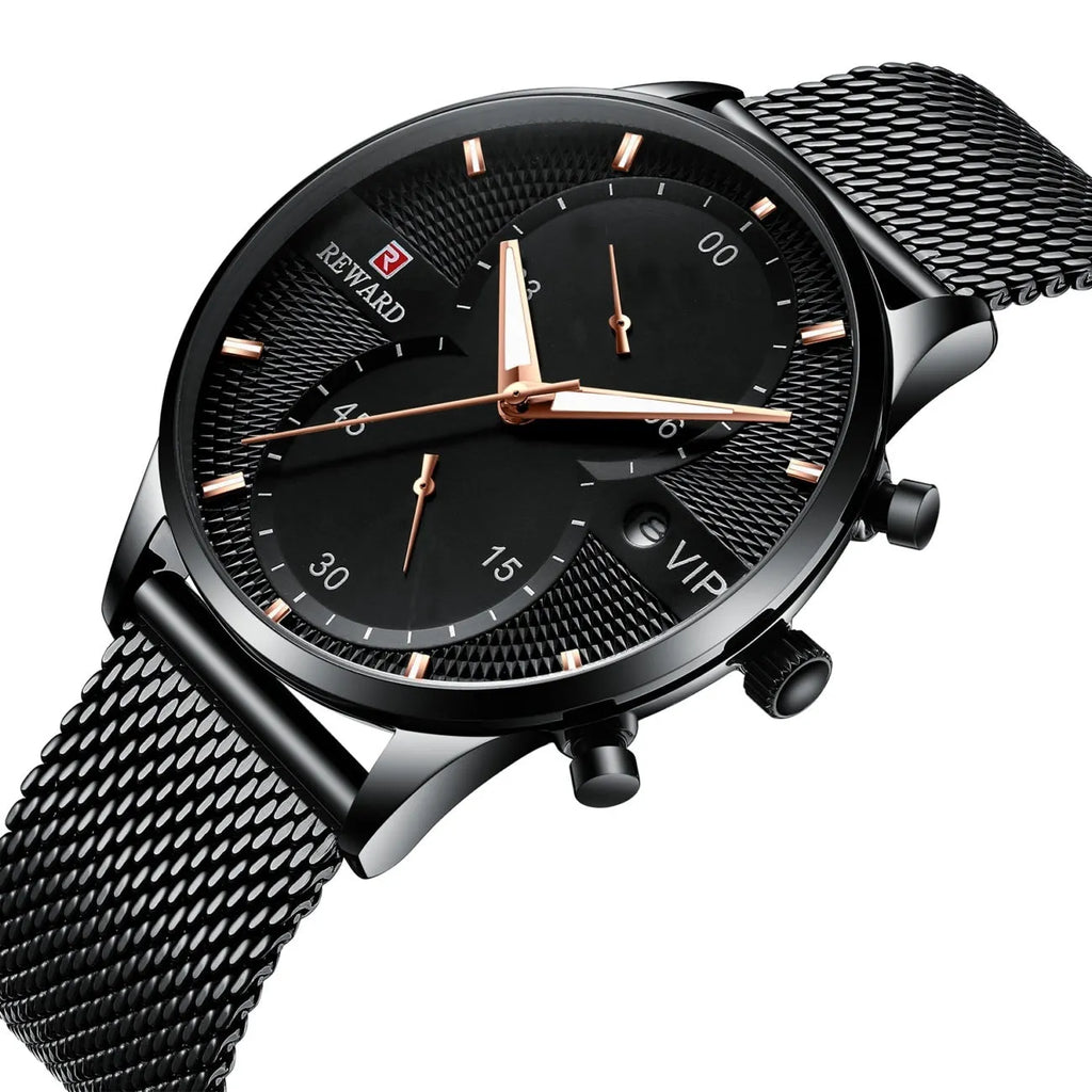 Men's waterproof quartz business watch with 45mm round dial, stainless steel strap, and calendar display on a white background