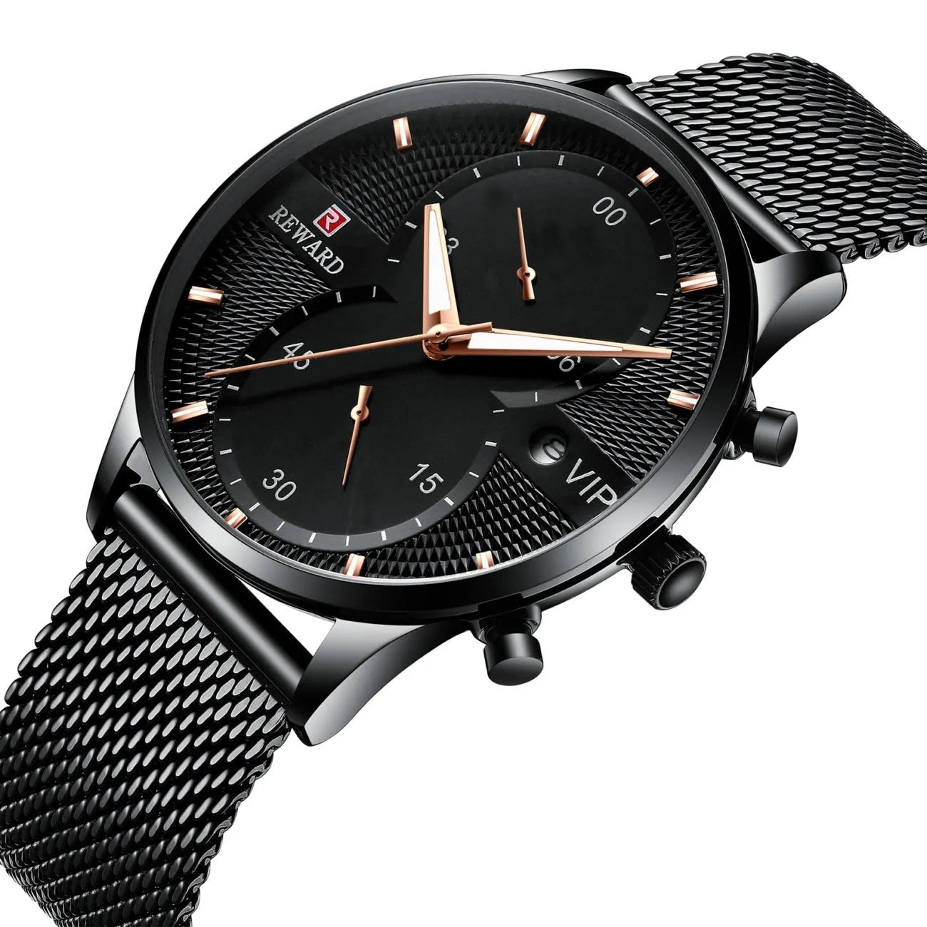 Men's waterproof quartz business watch with 45mm round dial, stainless steel strap, and calendar display on a white background