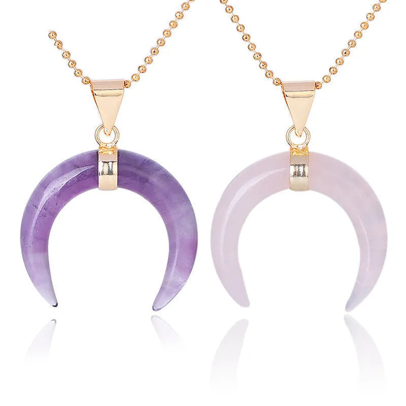 Natural stone moon pendant necklace with electroplated copper chain, shown in pink and purple colour options.