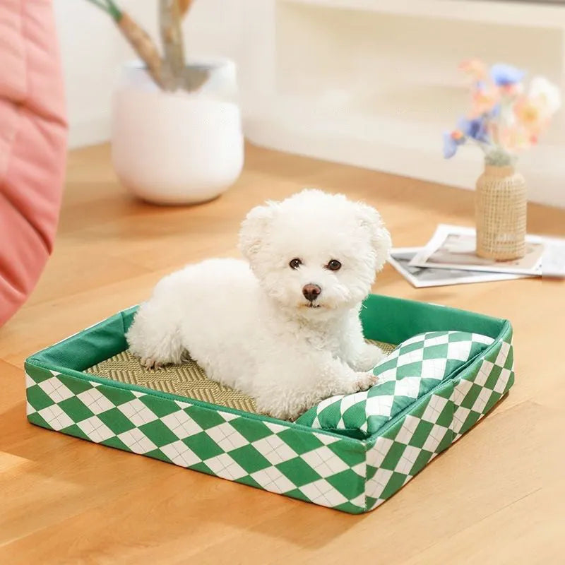 Blue rattan weave cat bed and litter mat in a raised frame, shown with a cat resting on it.