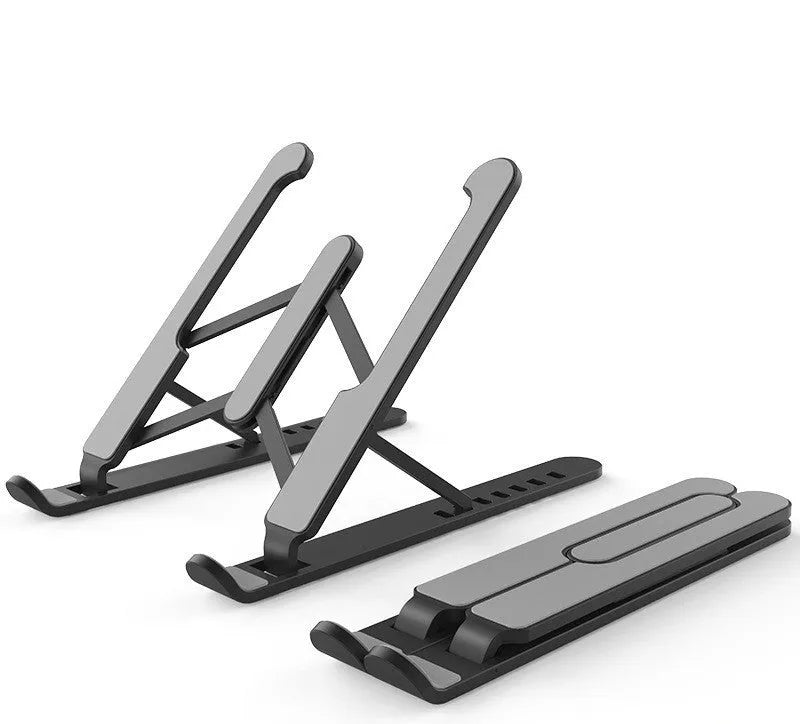 P1 foldable laptop stand in charm black, ABS silicone construction with heightened base lifting mechanism