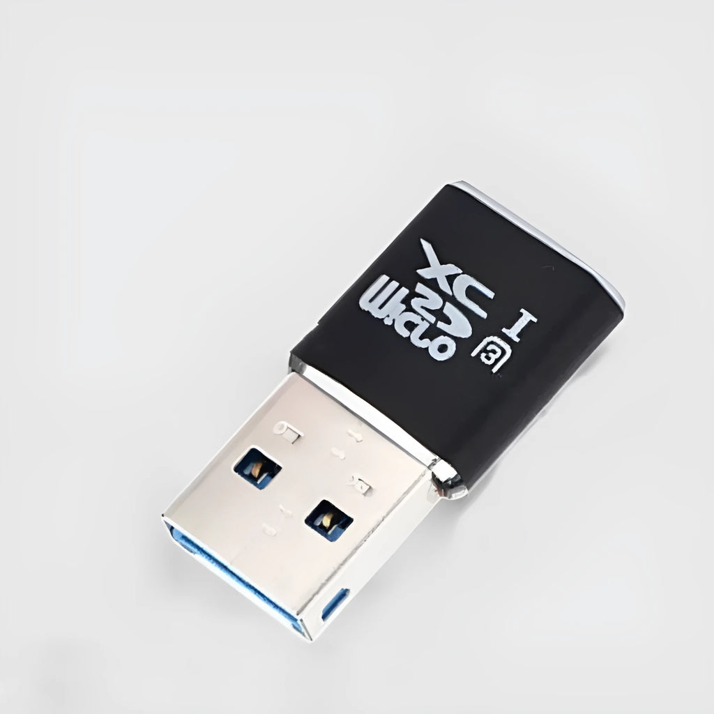 Black USB 3.0 card reader for SD and microSD memory cards on a white background.