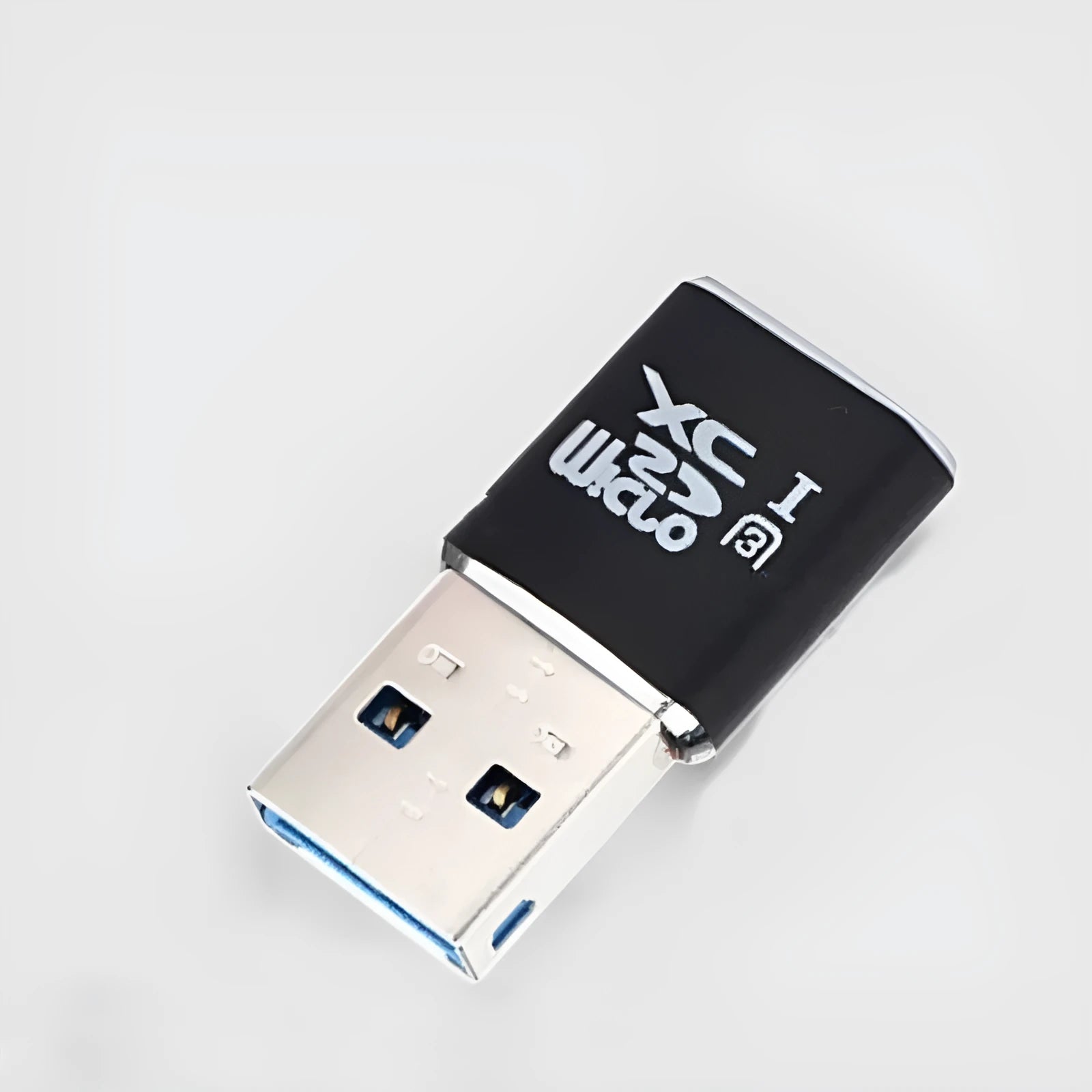 Black USB 3.0 card reader for SD and microSD memory cards on a white background.