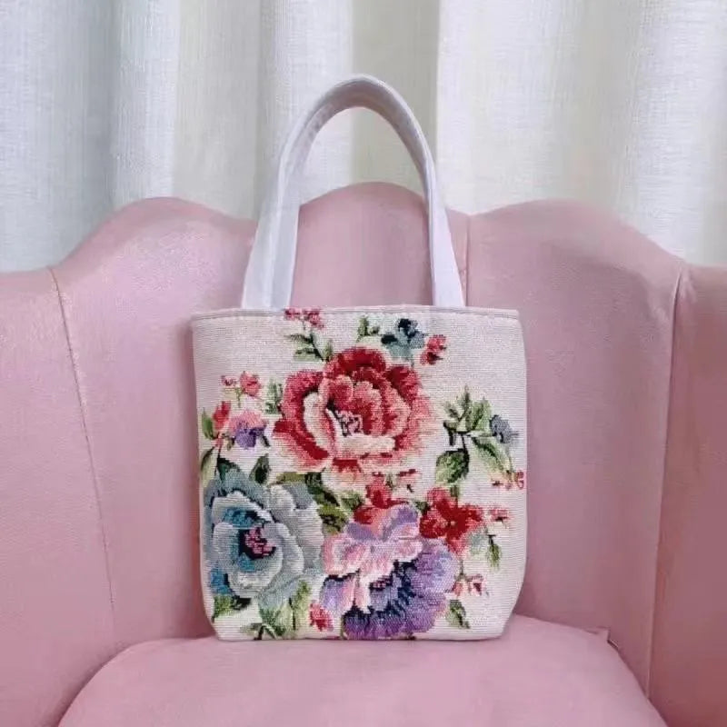 Canvas tote bag with gold wire embroidery in Bunny pattern, showing double-sided stitching detail