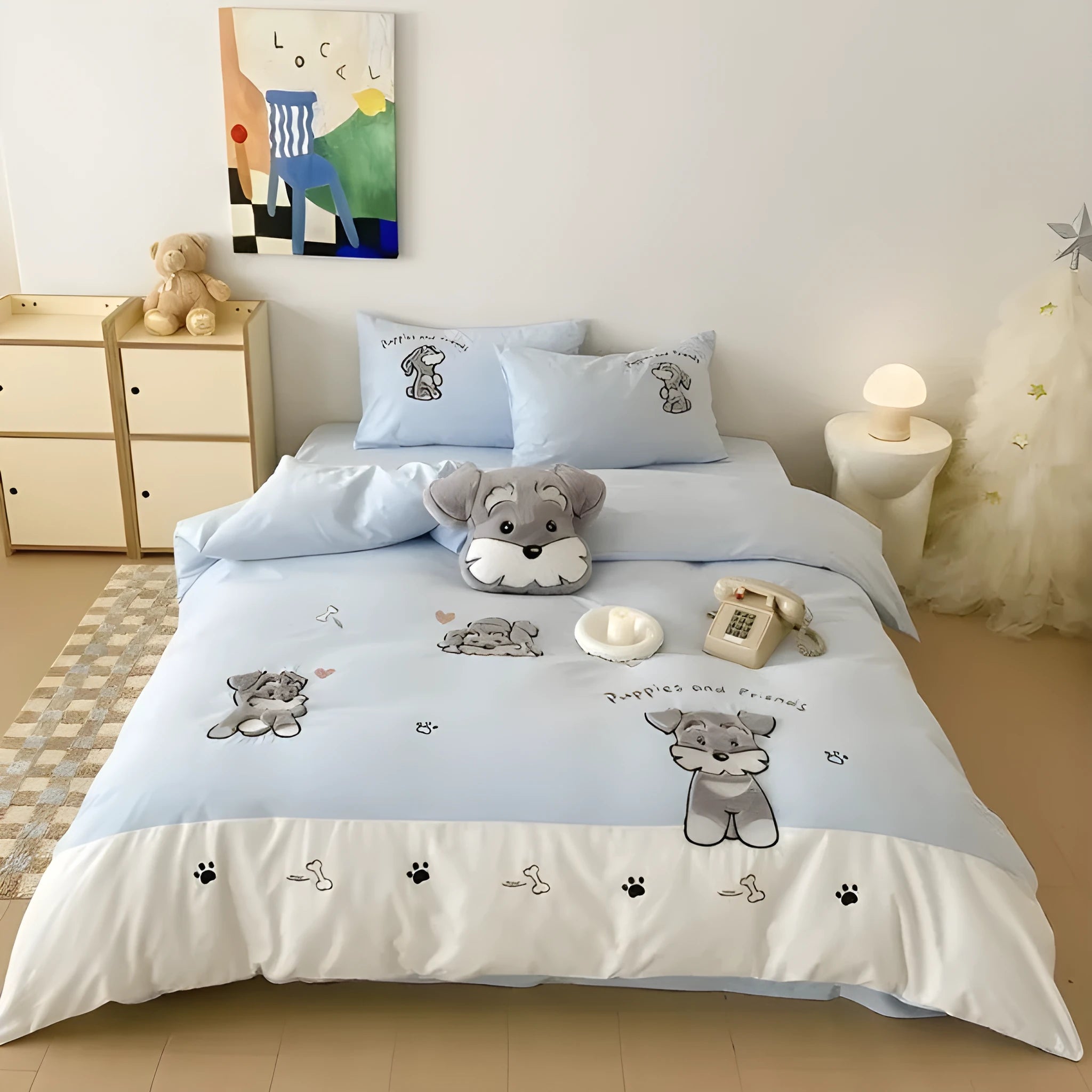 Schnauzer cartoon embroidered bedding set with quilt cover, sheet and pillowcases on bed