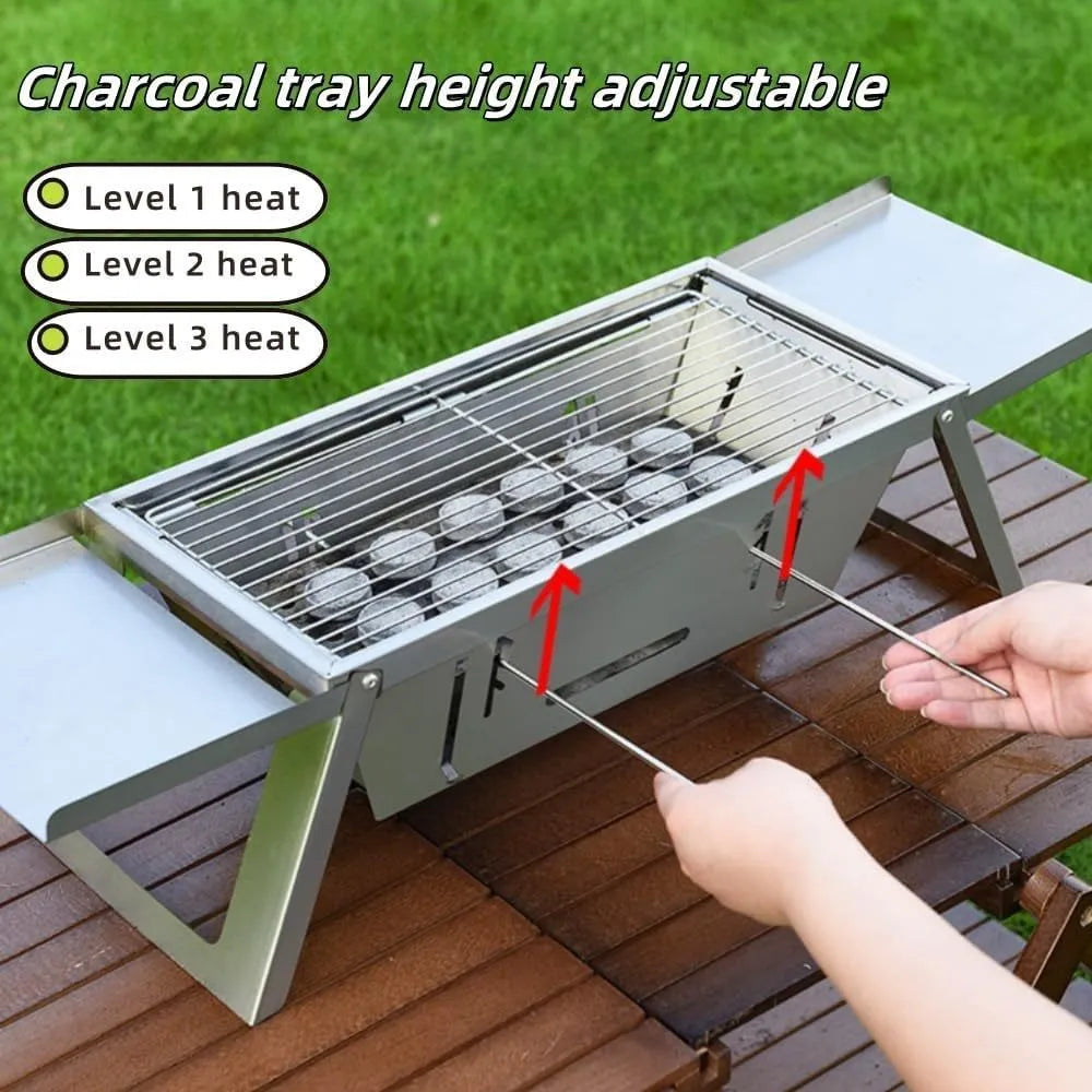Small portable charcoal grill shown in a folded position for easy transport.