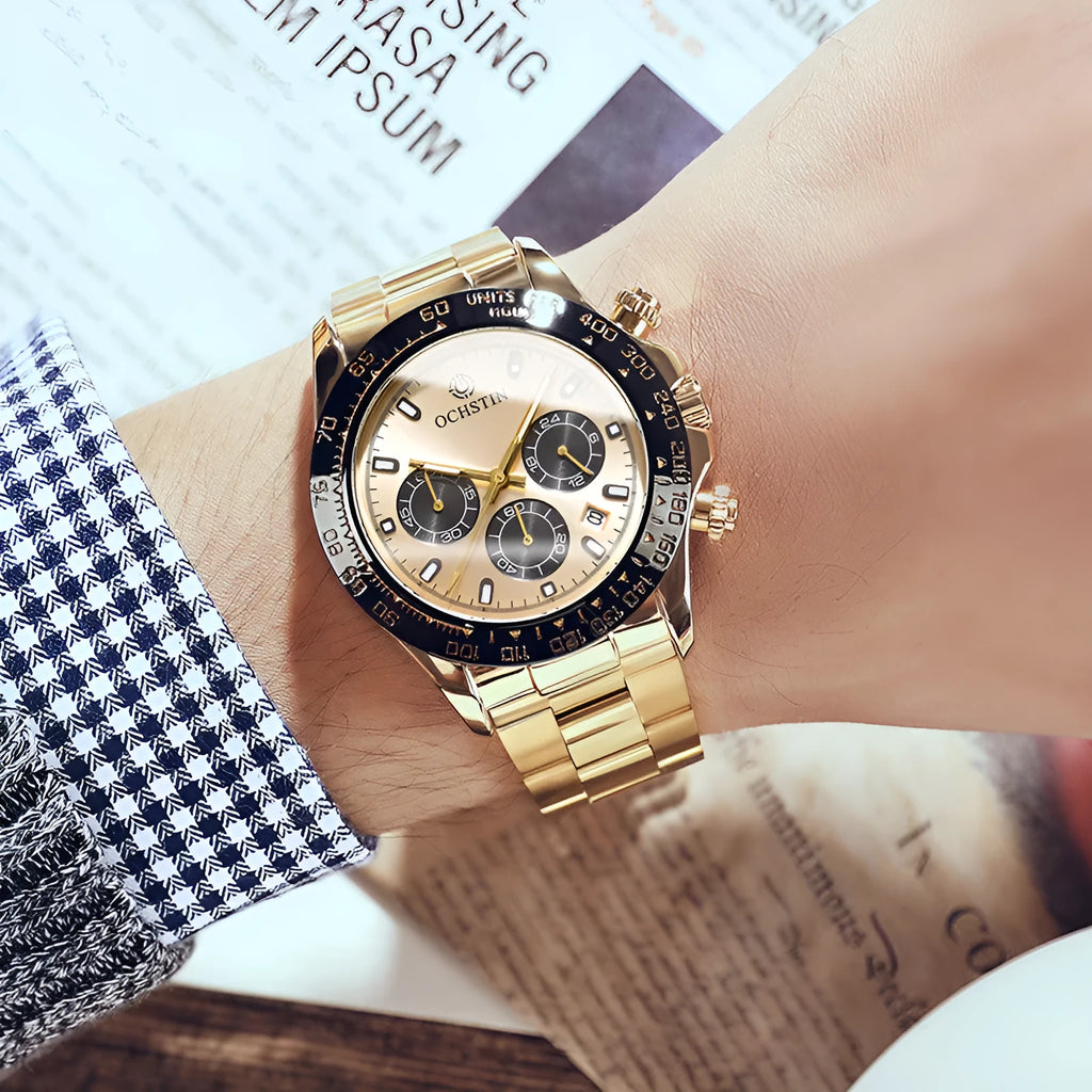 Stainless steel waterproof watch with multifunction dial, 43mm case, mineral glass cover, rose gold finish