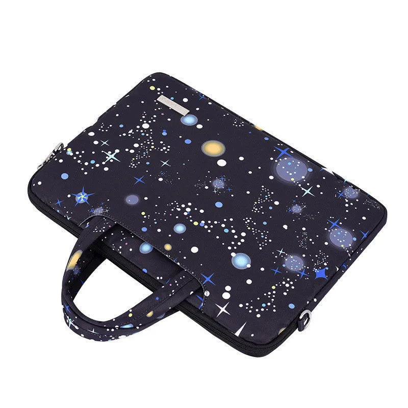 Black waterproof polyester laptop liner bag with 13 inch laptop inside, showing 352mm length and slim profile