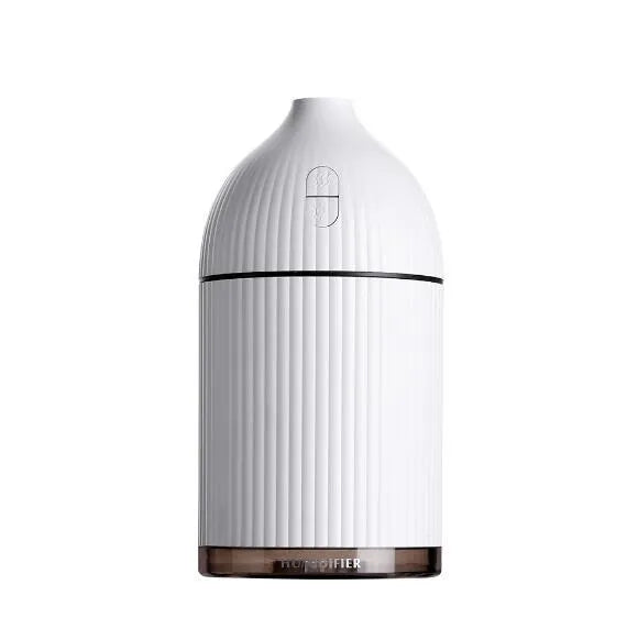 White ultrasonic aromatherapy diffuser and air humidifier with LED light, 300ml capacity, dimensions 80x80x155mm.