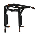 Black wall-mounted fitness equipment with sandbag rack and parallel pull-up bars