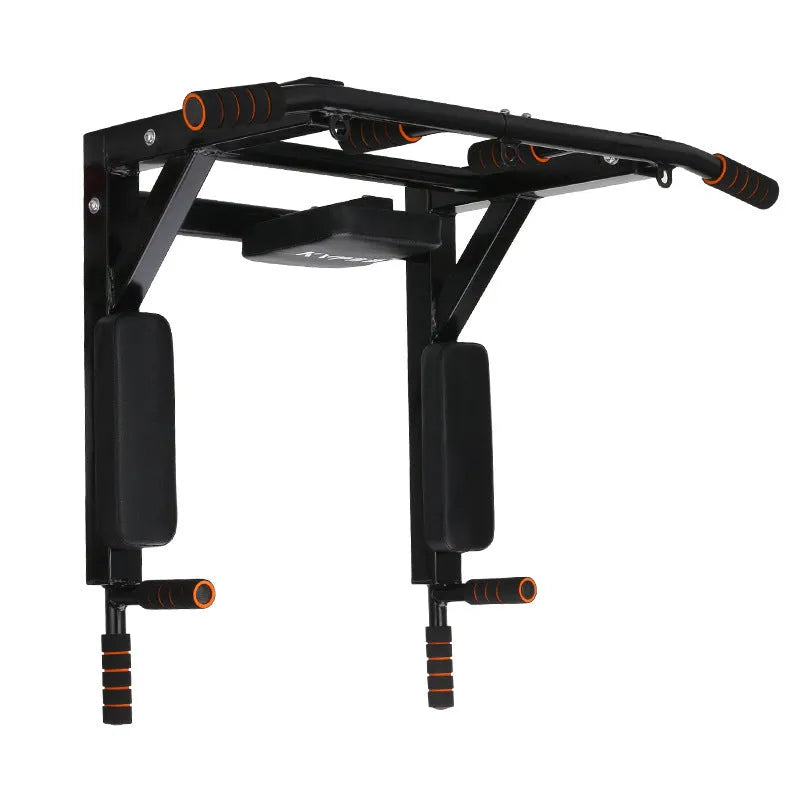Black wall-mounted fitness equipment with sandbag rack and parallel pull-up bars