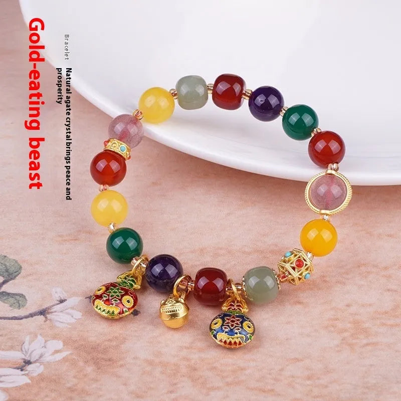 Hand-woven agate bracelet with swallowing gold beast motif and 10mm beads
