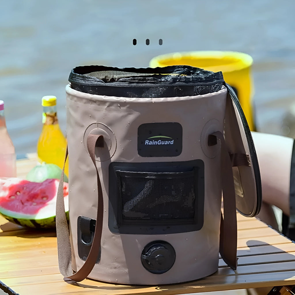 Folding fishing bucket in lemon yellow colour showing collapsed and expanded positions with mesh pocket