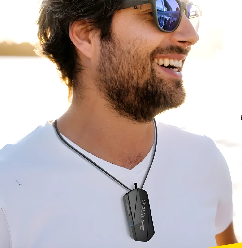 Black portable air purifier necklace with USB charging port and compact design