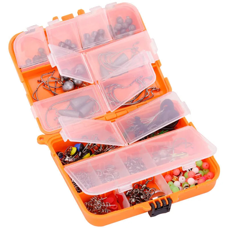 Weihe orange and black boxes containing 257 pieces of fishing lure hooks and accessories
