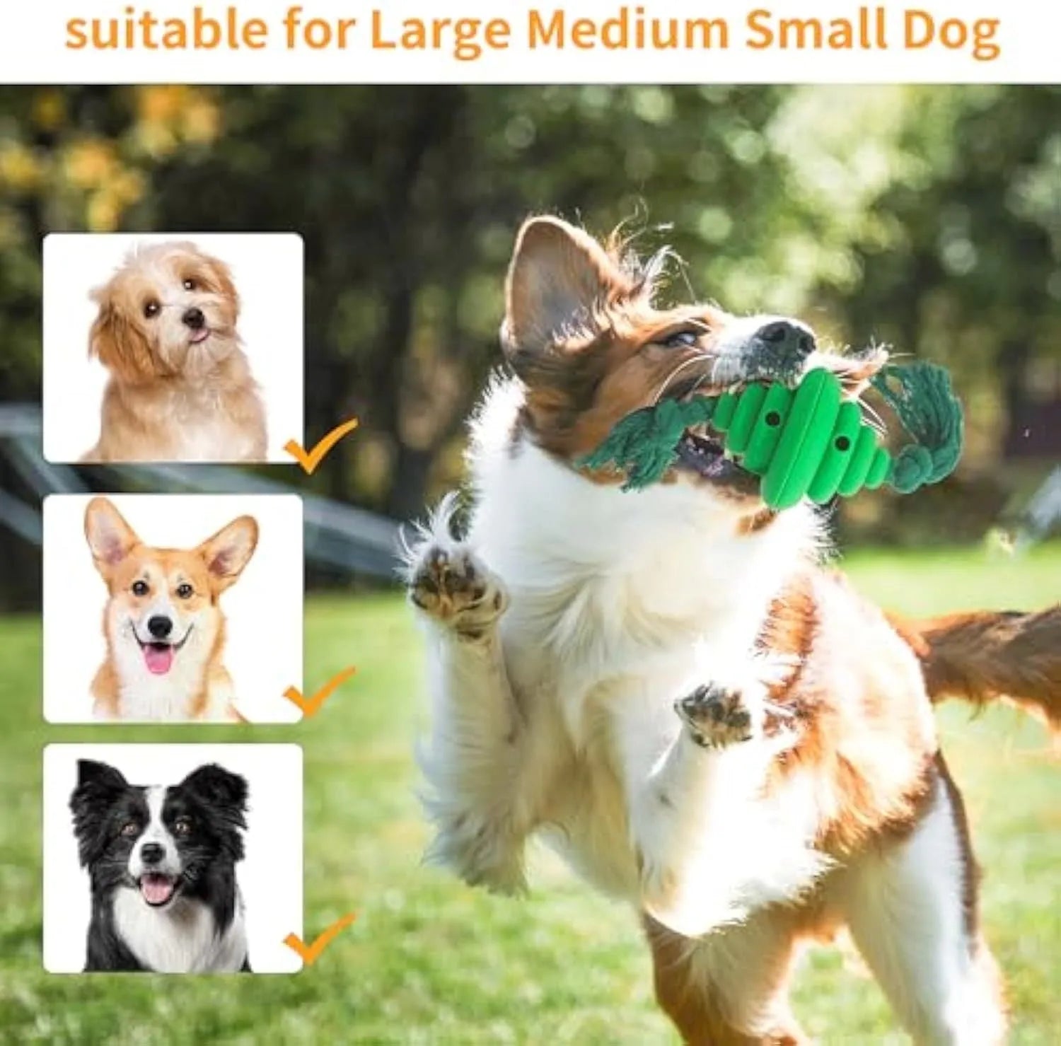 Green rope and ball dog toy with treat dispensing hole for large breeds