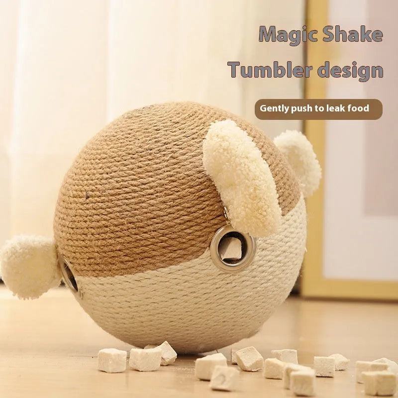 15cm cube pet food dispenser toy made from natural sisal hemp strips with tumbler puzzle design