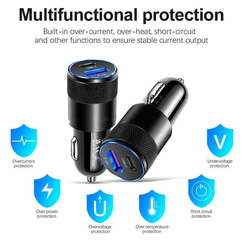 Aluminium alloy mobile phone car charger in black or black silver with compact 2.5x6cm dimensions