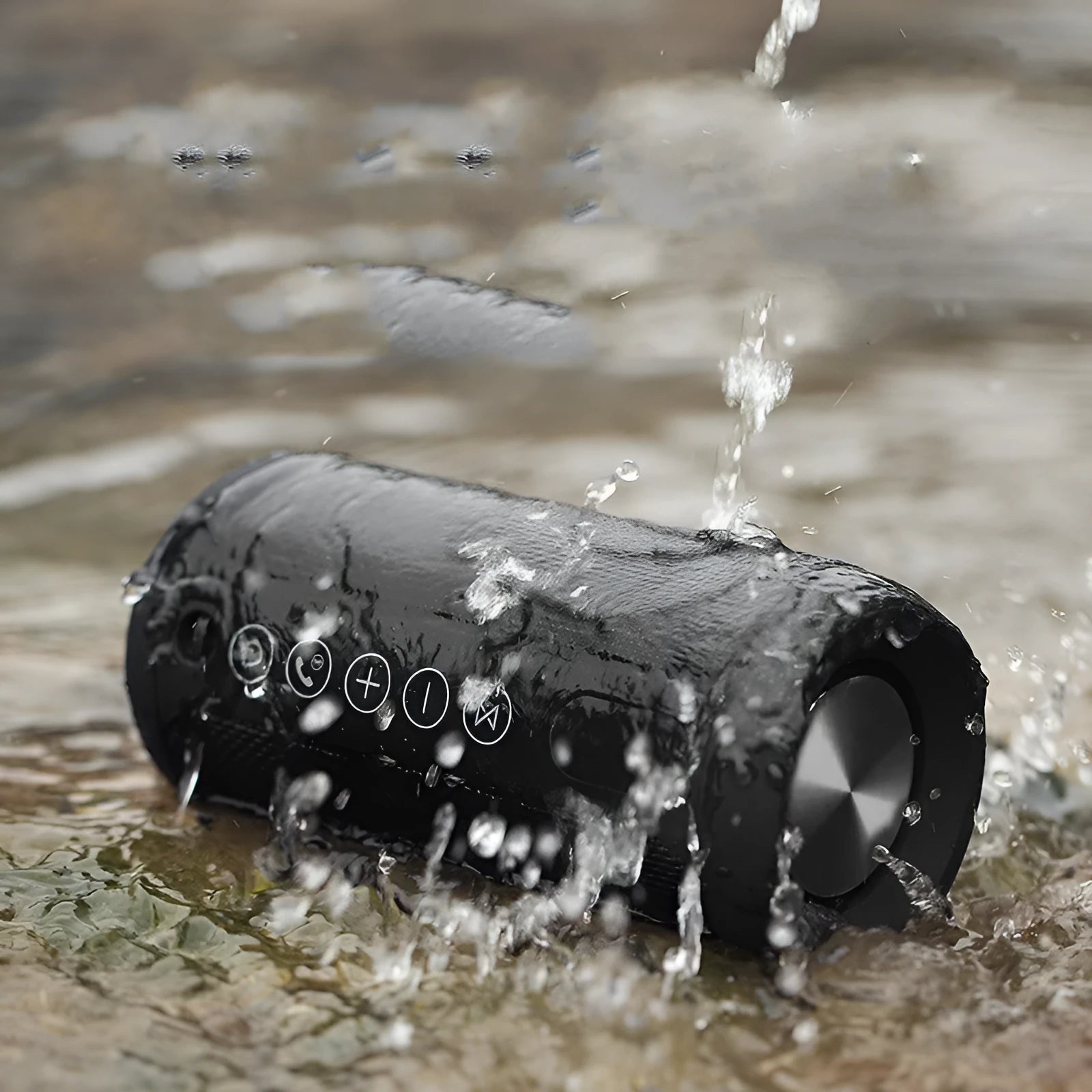 Outdoor portable Bluetooth speaker in camouflage colour with buttons for volume, playback, and mode selection.