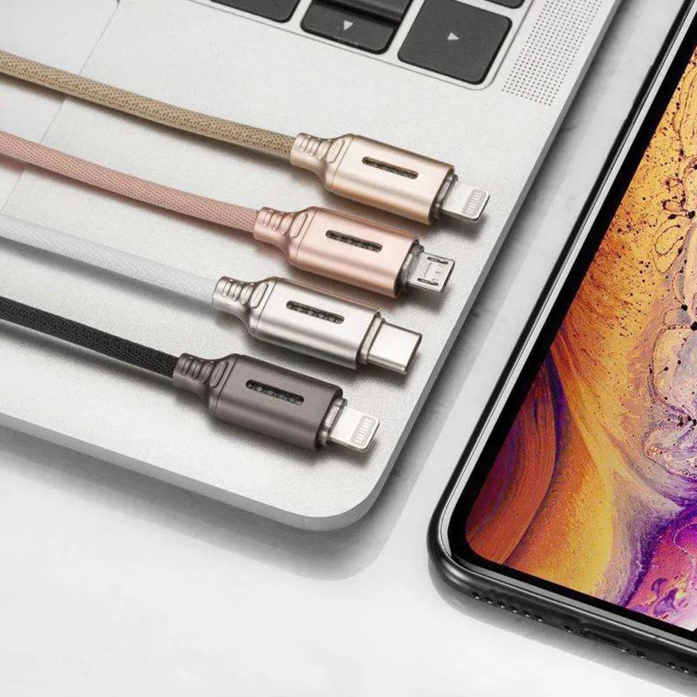 Fabric braided USB charging cable in black, 1 metre long with USB and device connectors