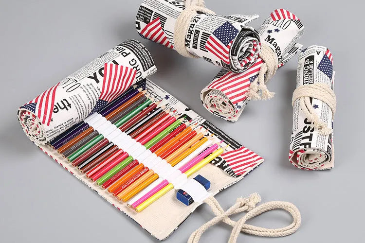 Rolled canvas pencil wrap with elastic bands holding coloured pencils, in 48-slot configuration