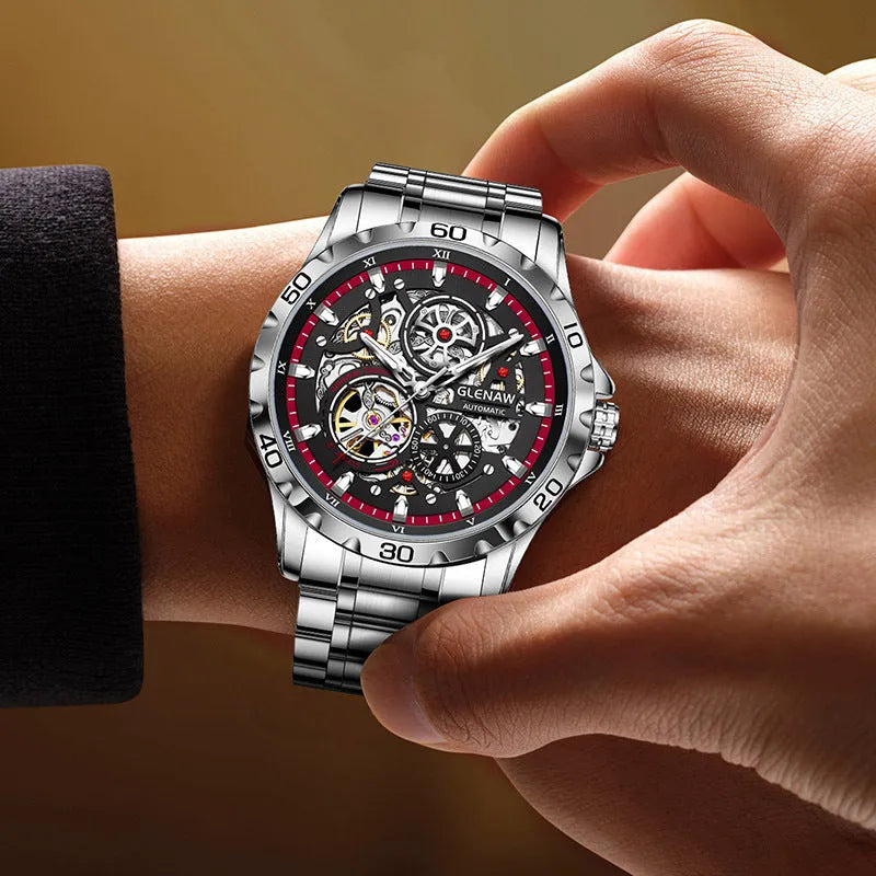Men's automatic mechanical watch with hollow-out design, luminous hands and stainless steel strap