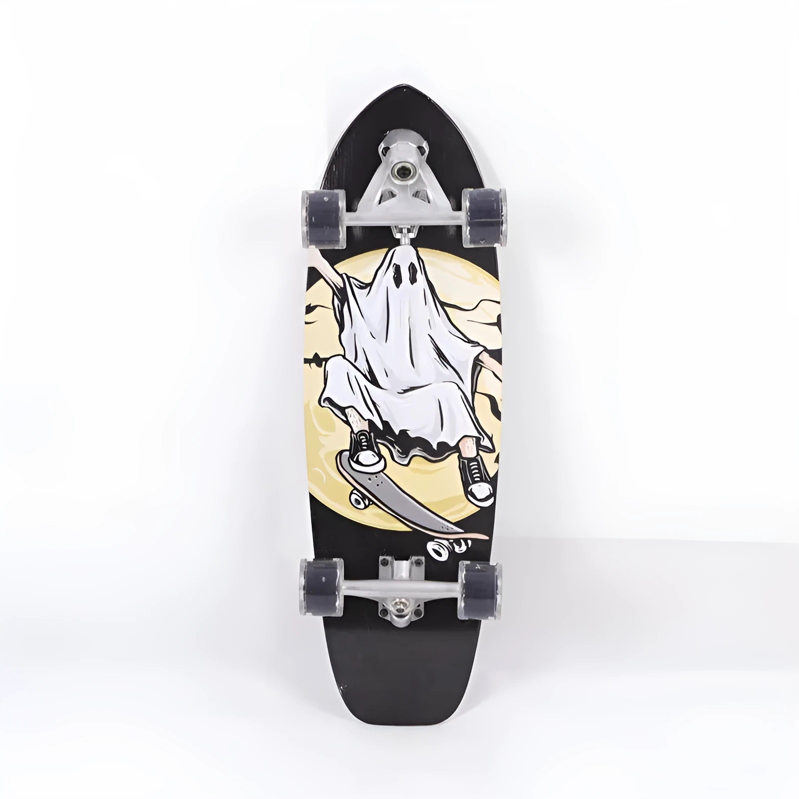 White wooden street scooter with 31-inch maple deck, shown assembled.
