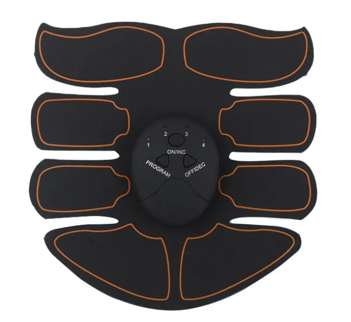 Compact black EMS muscle stimulator unit with conductive gel pads for abdominal and buttock toning