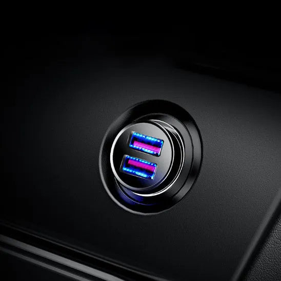 Black aluminium alloy USB car charger showing 4.8A output, next to Red and Silver versions.