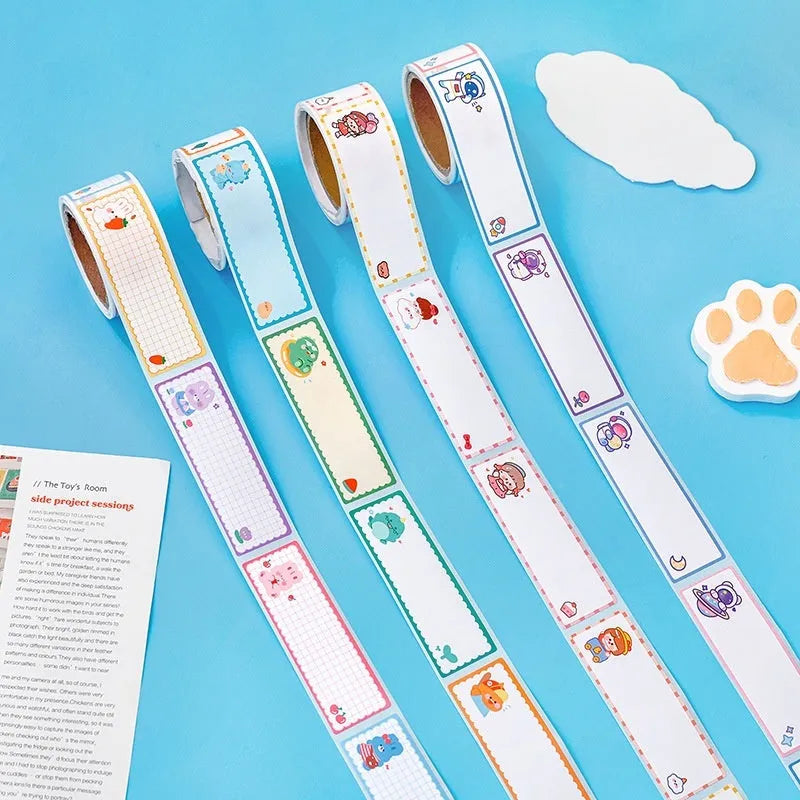 Cartoon name tape stickers roll with dinosaur, astronaut, rabbit, and girl design options