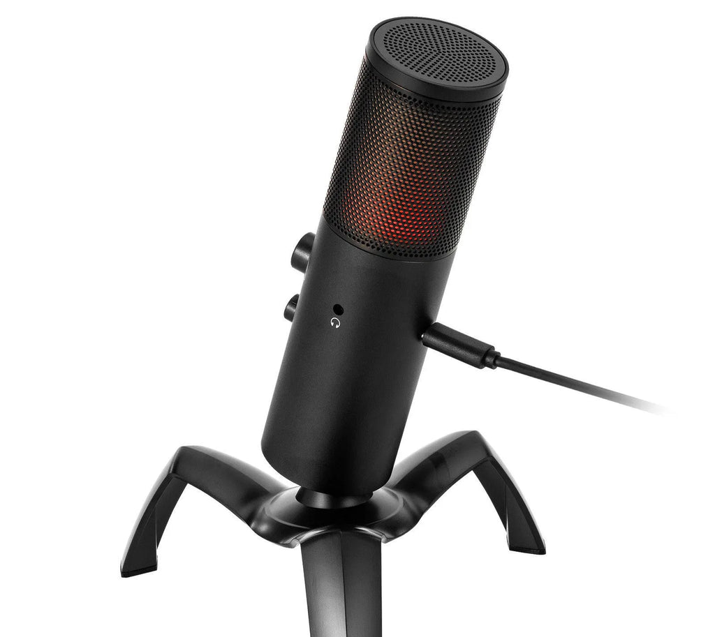 Black Q18 USB condenser microphone with RGB lighting on an adjustable metal tripod stand.