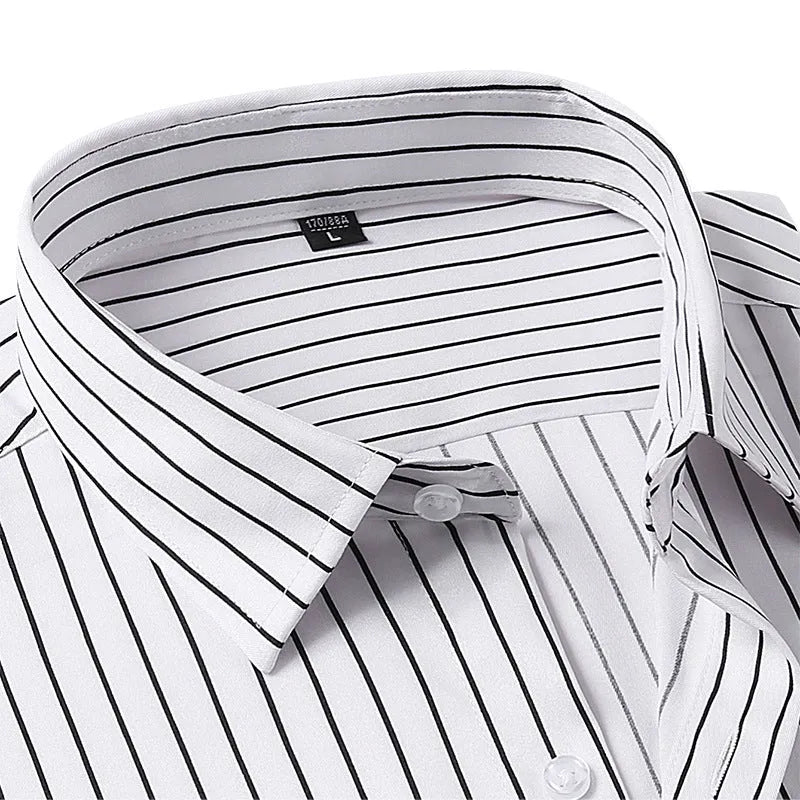 Men's slim-fit long sleeve striped business shirt in a blue and white colour pattern.