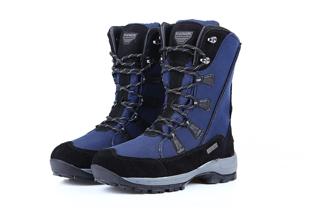 Women's black genuine leather mid-calf snow boots with round toe and thermal lining on a white background.