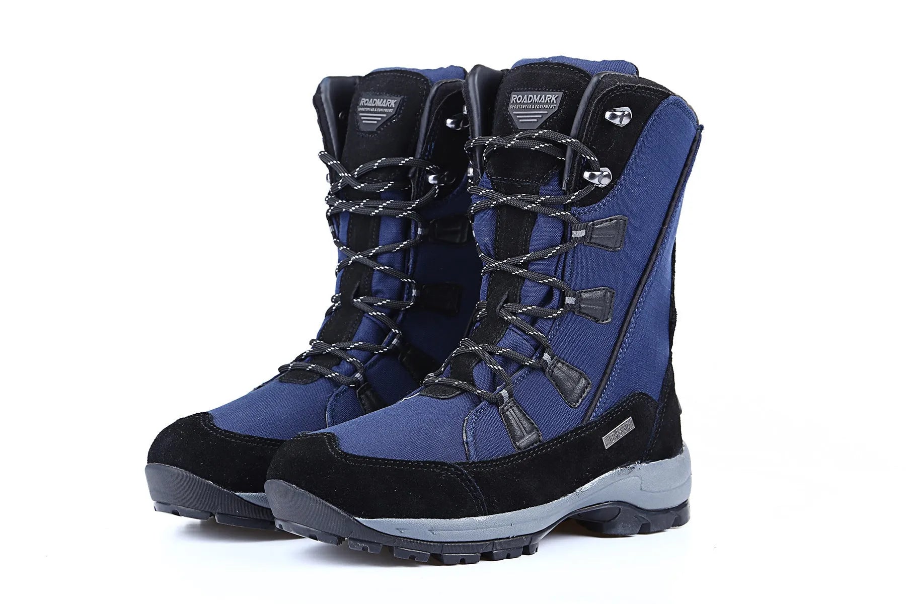 Women's black genuine leather mid-calf snow boots with round toe and thermal lining on a white background.