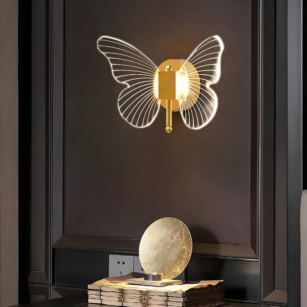 Butterfly acrylic wall lamp with golden three-colour dimming warm decorative lighting fixture