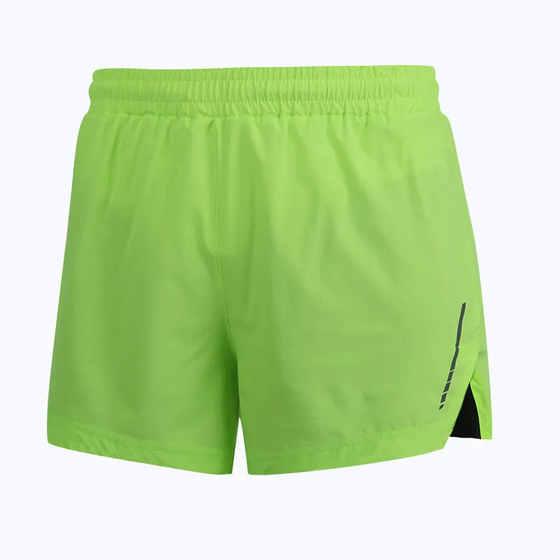 Men's grey quick-dry polyester running shorts on a size chart showing XS to 3XL.