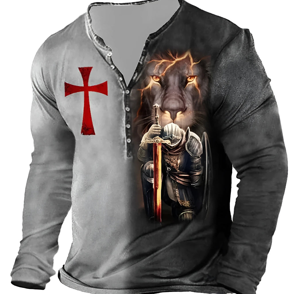 Men's long-sleeved open placket digital print camouflage T-shirt in bird eye cloth polyester fiber