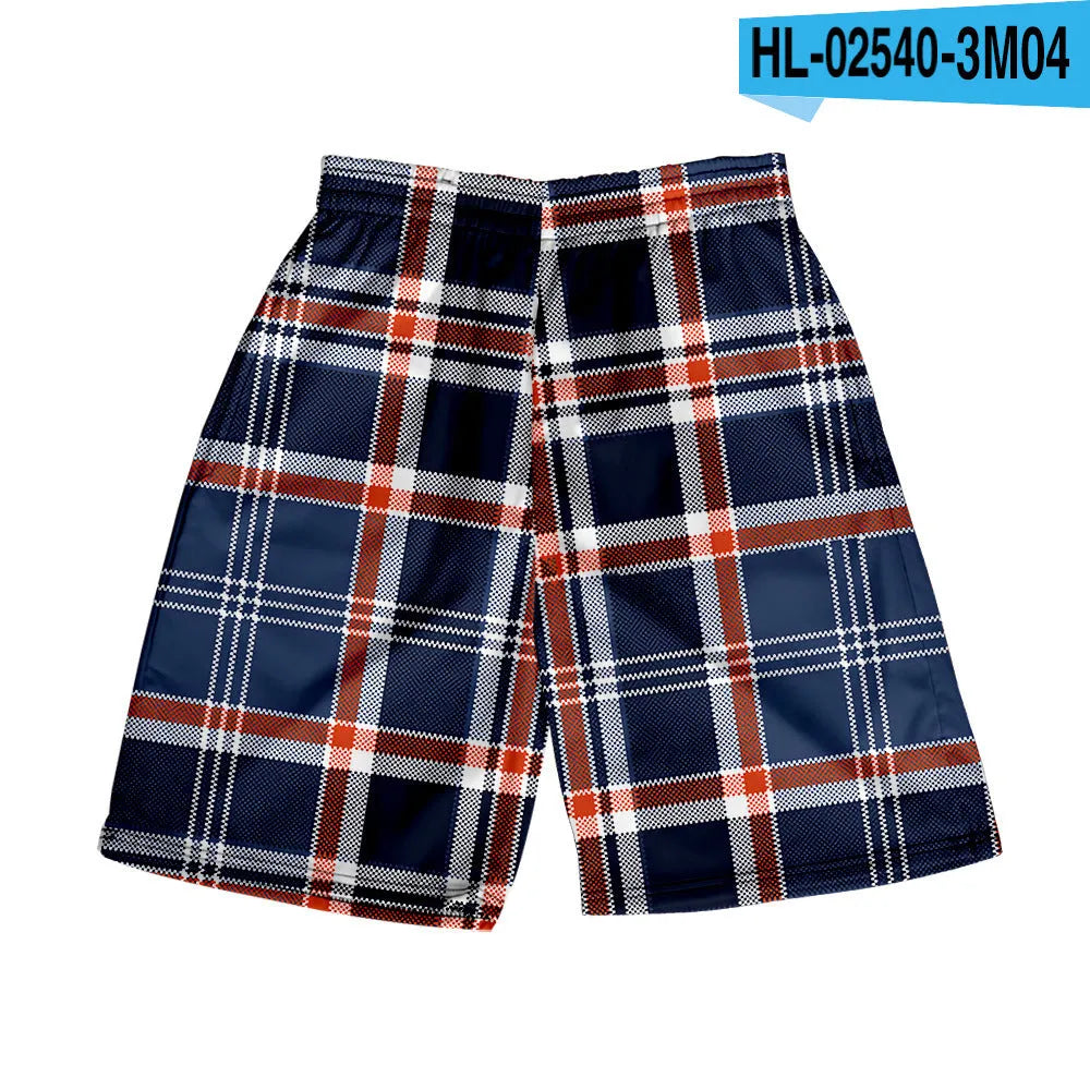 Man wearing straight-leg plaid shorts with an elastic waistband on a beach, showing one of twenty available colour variations.
