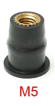 Pack of ten black brass expansion rubber well nut fasteners for motorcycle bodywork in M4, M5, and M6 sizes.