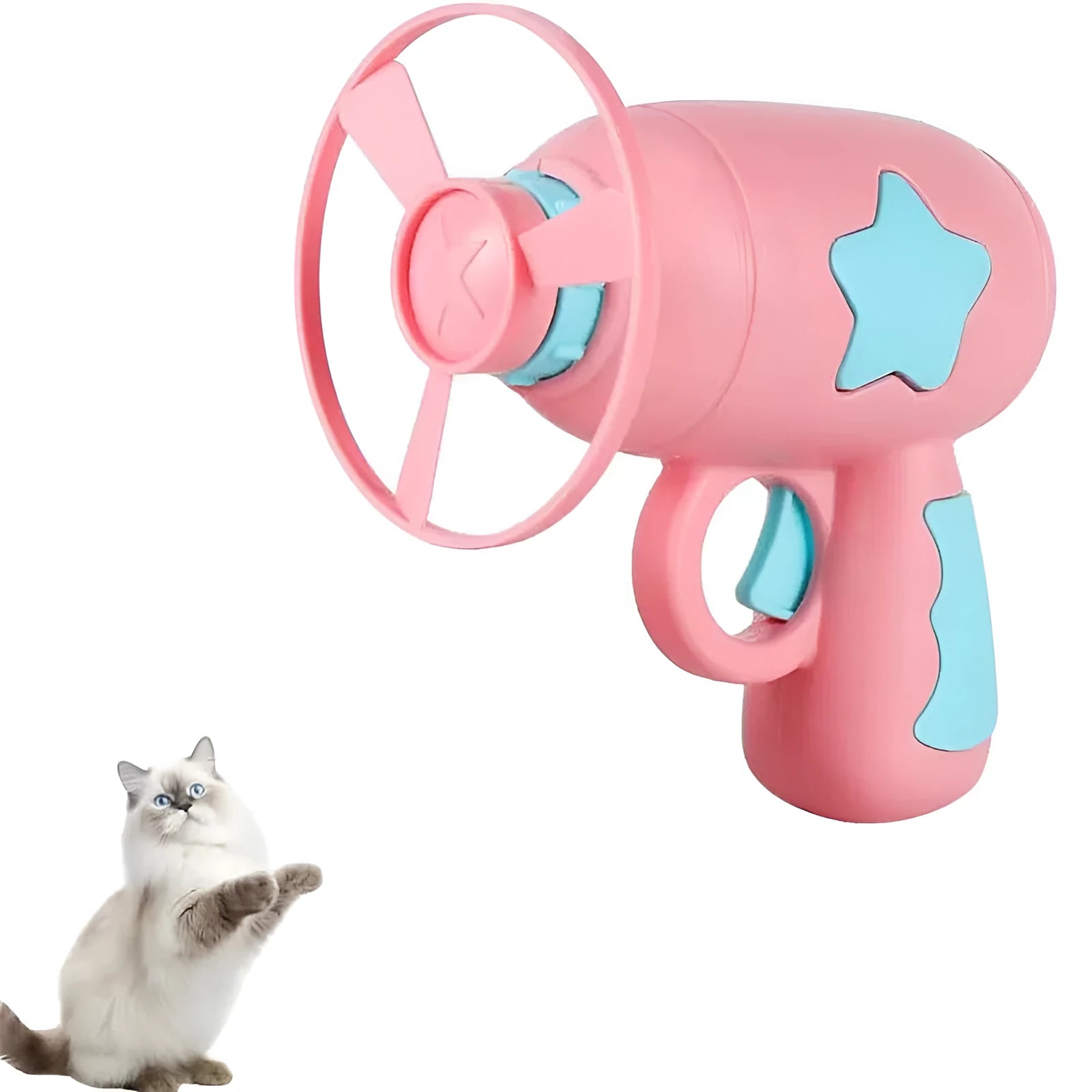 Blue plastic cat toy gun with spinning Frisbee launcher for indoor cats