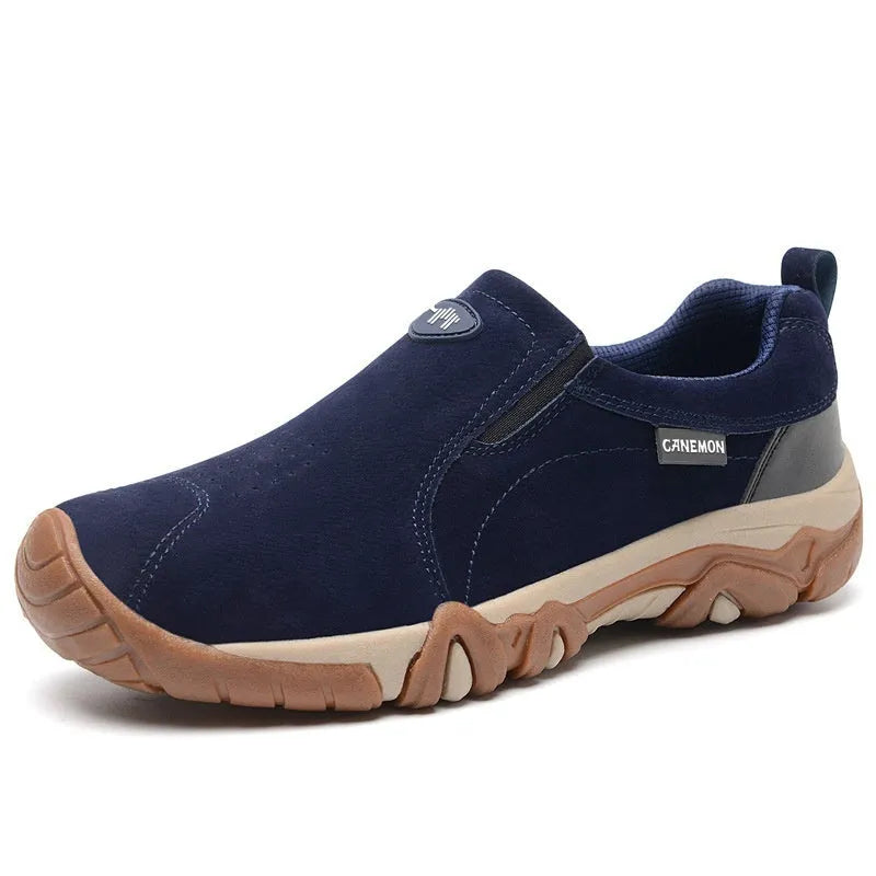 Plus size men's suede casual shoes in black with a round toe, low-top design, and rubber sole.