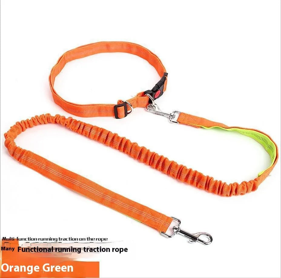 Outdoor running dog leash with night reflective filament sling and elastic adjustment in nylon construction