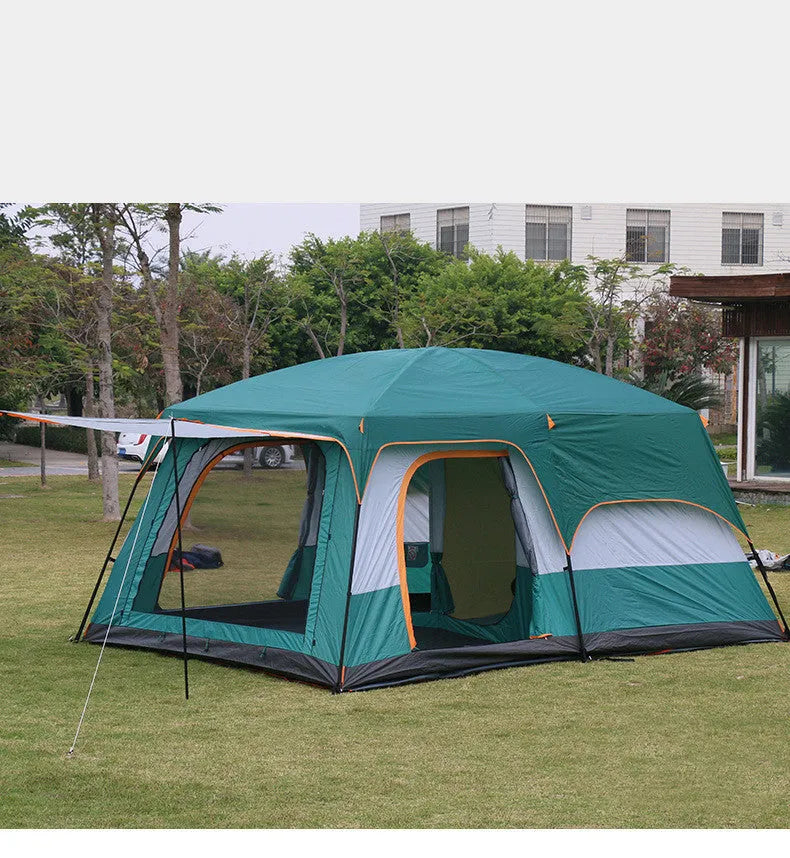 Multi-person double-layer steel pole camping tent 430x305x210cm dark green for 4-6 people