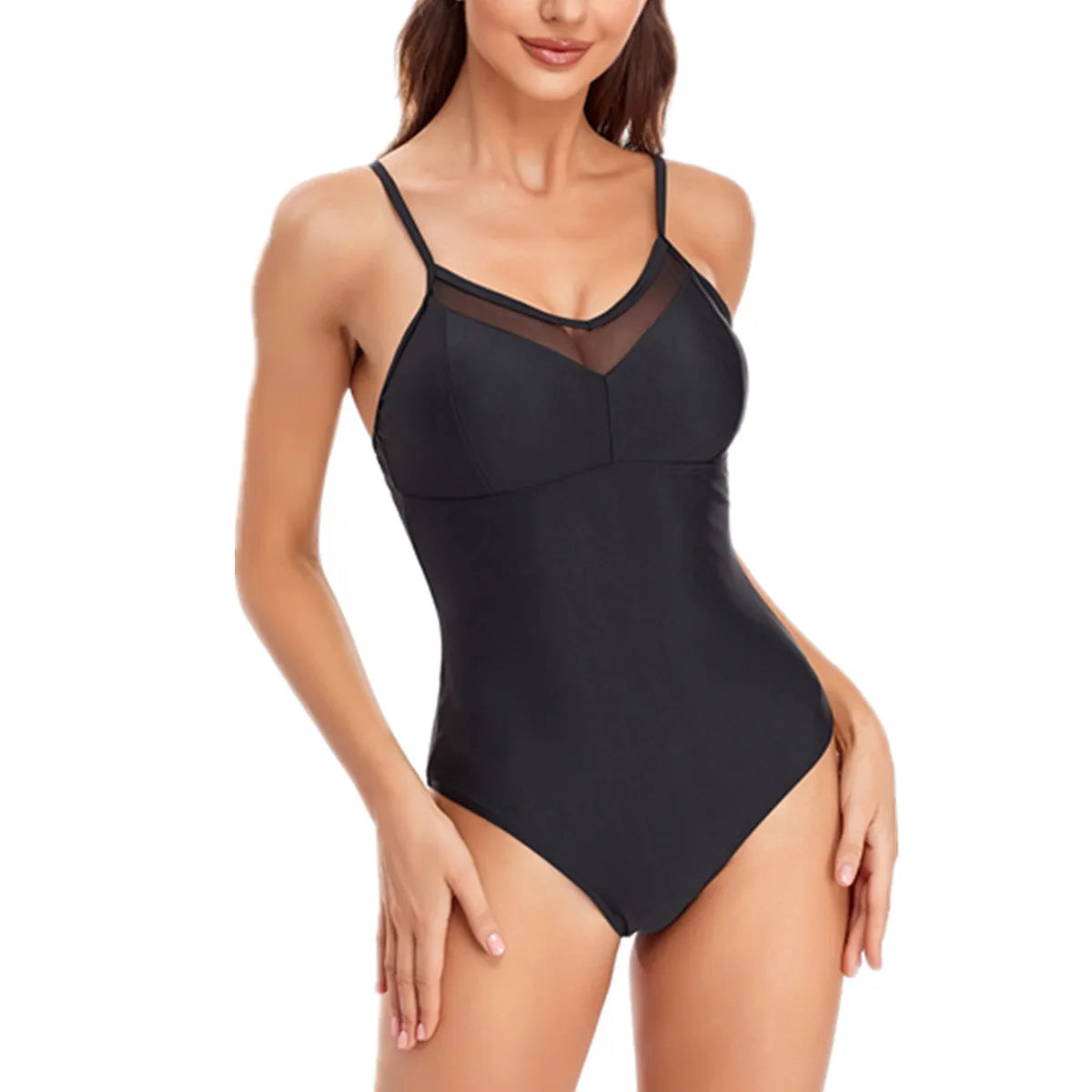 Women's solid colour one-piece swimsuit with mesh panels and backless design in spandex fabric