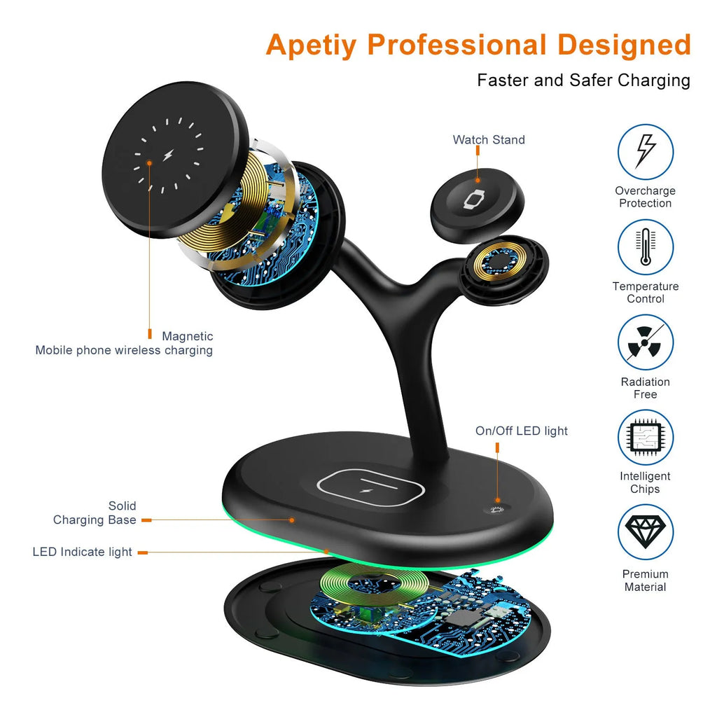Black three-in-one magnetic wireless charger for Apple Watch, iPhone and AirPods on a desk