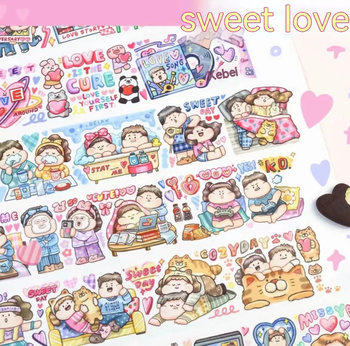 Colourful cartoon character adhesive sticker for sealing haemorrhoid tape packaging on Japanese paper.