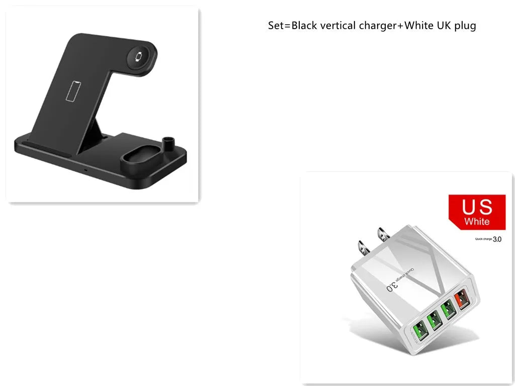 Black 4-in-1 wireless charging dock with phone on adjustable stand, Apple Watch, AirPods, and Apple Pencil charging simultaneously.