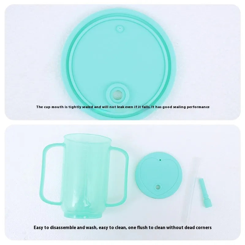 Oblique mouth choke-proof plastic drinking cup with handle and lid for elderly and pregnant adults.